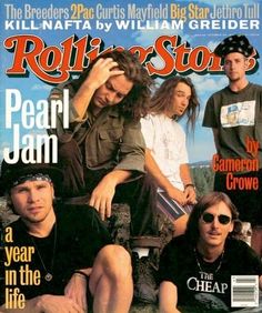 the cover of rolling stone magazine featuring pearl jam and other rock band members, from left to right