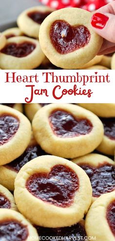 heart - shaped thumbprint jam cookies are the perfect treat for valentine's day