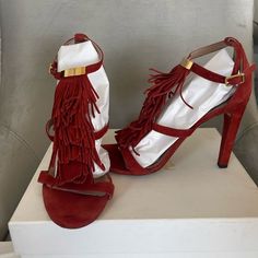 Chloe Suki Fringe Suede High Heel Sandals in Poppy Red.