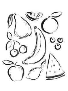 fruit and vegetables drawn in black ink on white paper