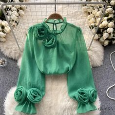 Lasaky - Professional Womens Stand Collar Solid Color Chiffon Blouse with Three-Dimensional Bubble Sleeves Flowy Long Sleeve Chiffon Blouse, Elegant Green Georgette Tops, Long Sleeve Chiffon Blouse For Party, Chiffon Long Sleeve Party Blouse, Fitted Long Sleeve Chiffon Blouse, Spring Party Chiffon Blouse, Green Georgette Party Tops, Spring Party Blouse With Flowy Fit, Flowy Party Blouse For Spring