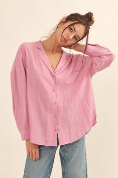 Careless Love Oversized Button-Up Crepe Shirt - ShopPromesa Oversized Button-up Blouse With Placket, Pink Everyday Shirt With Button Closure, Oversized Button-up Top With Concealed Placket, Oversized Pink Shirt With Button Closure, Everyday Pink Button-up Shirt, Oversized Fits, Button Up, Tunic Tops, Long Sleeve Blouse