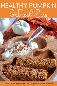 healthy pumpkin oatmeal bars in a wooden bowl with spoons on the side