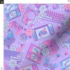 a purple background with pink and blue items on it's surface, including an electronic device