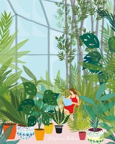 a woman in a red swimsuit is surrounded by potted plants and greenery