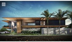 an artist's rendering of a modern house with palm trees