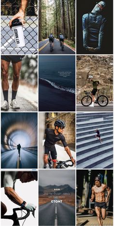 the collage has many different pictures in it, including men's legs and their bikes