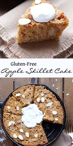 gluten - free apple skillet cake in a cast iron skillet and topped with whipped cream