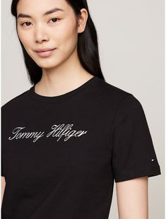 Tommy Hilfiger women's T-shirt. Our embroidered script logo tee is designed in an easy fit, and made from soft organic cotton.  Material: 100% Organic Cotton. Tommy Hilfiger T Shirt, Script Logo, Loungewear Shorts, Tommy Hilfiger Women, Logo Tee, Cargo Jeans, Cargo Trousers, Suit Shop, T Shirt Vest