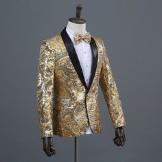 Material:Polyester Clothing Length:Regular Sleeve Length(cm):Full Closure Type:Single Button Style:Punk Style Model Number:8465 Gender:Men Item Type:Blazers Collar type:shawl collar Gold Fitted Winter Suits, Gold Fitted Long Sleeve Suit, Gold Prom Suit, Father Of The Bride Attire, Flower Sequins, White Blazer Women, Singer Stage, Wedding Singer, Bride Attire