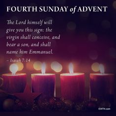 three lit candles with the words fourth sunday of adventt on them, and an image of