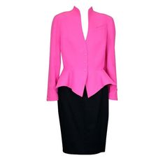 Hot pink wool gabardine suit by Thierry Mugler. Fiited waist with gently sloped peplum with pink snap closures at waist and wrist. Black gabardine slim skirt. Jacket Waist 29", 16" to Waist, 22" to hem. Overarm measure 29". Bust 36". Skirt: Waist 26", Hip 35", Length 22". Size 40 EU Very Good condition. Pink Lawyer Outfit, Pink Lawyer, Hot Pink Suit, 1980s Jacket, Vintage Skirt Suit, Suits Outfits, Clear Winter, Lawyer Outfit, Winter Typ