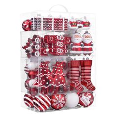 a clear box filled with red and white ornaments