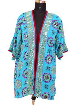 "Item Description Amazing Multi colored Hand Embroidered Phulkari Jacket - Colorful Thread Work - Sitara Work Jacket -Kimono Jacket-Banjara Hippie Gypsy-Women's Jacket Beautiful Phulkari jacket, embroidered and finished with faux mirror work. Due to the nature of the fabric may have some imperfections. Handmade in India. Measurements: Size Type: Regular Size (Women's):L Decade:1950s Length: \"35\" inches Bust: \"48\" inches Shoulder to cuff: \"18\" inches Shoulder to Shoulder: \"16\" inches Mate Traditional Embellished Spring Outerwear, Long Embroidered Blue Outerwear, Long Blue Embroidered Outerwear, Festival Kimono With Long Sleeves, Festive Embellished Outerwear For Festivals, Embroidered Multicolor Kimono For Festivals, Traditional Festive Outerwear With Sequins, Traditional Sequined Outerwear For Festive Season, Traditional Festive Sequined Outerwear