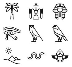 the egyptian symbols are shown in this black and white illustration, which includes an eye, pyramid