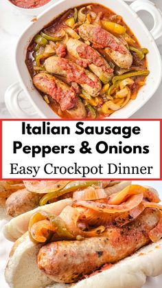 italian sausage peppers and onions in a white casserole dish with text overlay