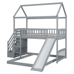 a gray bunk bed with a slide and stairs on the bottom level, against a white background