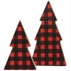 two red and black plaid christmas trees are on white background, one is in the shape of a tree