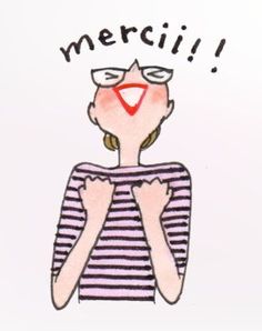 a drawing of a woman wearing glasses with the words mercii above her head