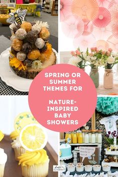 various pictures with flowers, lemons and cupcakes on them are featured in this collage