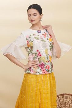 Shop for Pranay Baidya Beige Organza Embroidered Top for Women Online at Aza Fashions Organza Embroidery, Cream Top, Cream Tops, Beige Top, Embroidered Neckline, Round Top, Top For Women, Online Tops, Floral Motifs