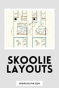 the floor plan for skoolie layouts with text overlaying it in black and white