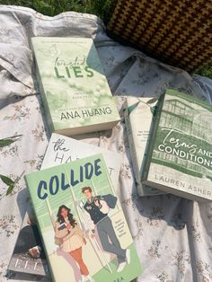 three books laying on top of a blanket next to a chair and pillow in the grass