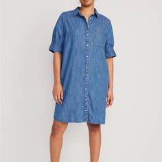 Spread Collar Elbow-Length Sleeves Full-Button Front Patch Pocket 100% Cotton Machine Wash According To The Care Instruction Label Medium Wash Button-up Dress For Daywear, Cotton Relaxed Fit Shirt Dress With Buttoned Pockets, Relaxed Fit Cotton Shirt Dress With Buttoned Pockets, Cotton Shirt Dress With Buttoned Pockets And Relaxed Fit, Casual Button-up Shirt Dress With Roll-up Sleeves, Spring Shirt Dress With Buttoned Pockets And Relaxed Fit, Relaxed Fit Denim Shirt Dress With Short Sleeves, Cotton Medium Wash Buttoned Shirt Dress, Cotton Denim Button-up Dress For Daywear