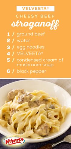 the recipe for cheese beef stroganoni is shown in an image above it