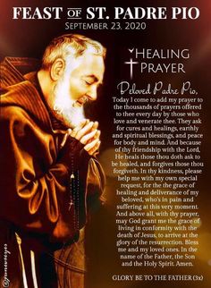 an image of a man with his hands clasped to his chest and the words, feast of st padre pio