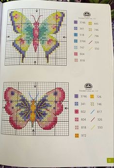 the cross stitch pattern book is open to show two pictures of butterflies and their coordinatess