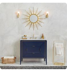 a bathroom with a sink, mirror and towel rack on the wall next to it