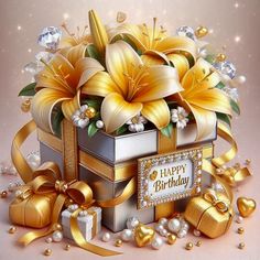 a happy birthday card with flowers and gifts