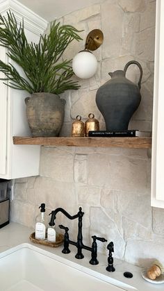 a kitchen sink with two black faucets and a potted plant on top