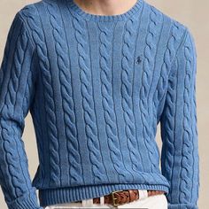 Polo Ralph Lauren Men’s Cableknit Sweater In Blue - Nwt New In Plastic Classic Blue Polo Sweater For Fall, Blue Textured Knit Cotton Sweater, Blue Cotton Textured Knit Sweater, Blue Crew Neck Polo Sweater With Ribbed Cuffs, Classic Blue Sweater With Ribbed Cuffs, Blue Crew Neck Polo Sweater For Fall, Classic Blue Knit Polo Sweater, Blue Casual Polo Sweater With Ribbed Cuffs, Blue Knit Polo Sweater With Ribbed Collar