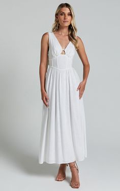 Amalie The Label - Chamika Linen Blend Bustier Double Tie Back Midi Dress in White | Showpo USA Elegant Beach Maxi Dress With Sweetheart Neckline, Chic Maxi Dress With Sweetheart Neckline For Vacation, Summer Brunch Maxi Dress With Cut-out Waist, Chic Beach Maxi Dress With Sweetheart Neckline, Beach Dress With Sweetheart Neckline And Lined Bodice, Elegant Beach Dress With Cut-out Waist, Summer Maxi Dress With Sweetheart Neckline For Vacation, Elegant Cutout Maxi Dress For Summer, Elegant Beach Dress With Lined Bodice