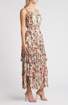 Move sweetly from day to night in this flowery maxi accented with floaty ruffles and fine pleats. 52 1/2" length (size Medium) Slips on over head Square neck Sleeveless Side-seam pockets Partially lined 100% polyester Hand wash, dry flat Imported Floral Print Floor-length Maxi Dress For Daywear, Spring Maxi Dress With Tiered Ruffles, Spring Tiered Skirt Maxi Dress With Ruffles, Spring Floral Print Maxi Dress For Daywear, Tiered Ditsy Floral Print Dress For Spring, Spring Tiered Dress With Ditsy Floral Print, Flowy Tiered Floral Dress With Ditsy Print, Spring Tiered Lined Maxi Dress, Flowy Tiered Ditsy Floral Print Dress