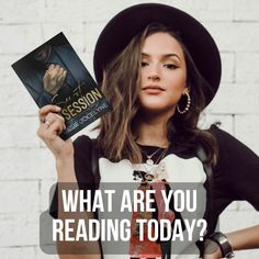 a woman holding up a book with the words what are you reading today?