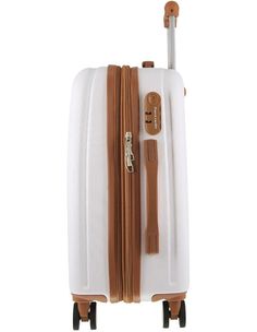 a white suitcase with brown trim and handle on wheels, sitting against a white background