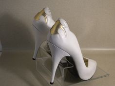 5 White with Gold Star heel Pattern wild pair by StrawberryFringe Gold Pointed Toe Heels With Leather Sole, 80s Rocker Hair, Vintage Pointed Toe Platform Heels, Vivienne Westwood White Heels, Gold 4-inch Heel Closed Toe Heels, Drag Queen Heels, 80s Rocker, Rocker Hair, Heels Patterns