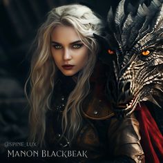 a woman with long blonde hair standing next to a dragon in front of a dark background