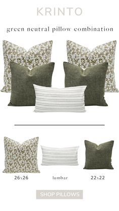 four pillows with different sizes and colors on them, including one for each pillow size