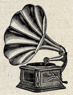 an old phonograph is shown in this black and white engraving - style drawing