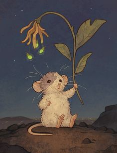 a little mouse is holding onto a plant