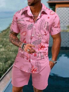 Pink Boho Collar Short Sleeve  Tropical  Embellished Non-Stretch  Men Clothing Luau Dress, Travel Fits, Tropical Print Shirt, Mens Fasion, Birthday Goals, Caribbean Carnival, Party Attire, Polyester Jacket, Island Vibes