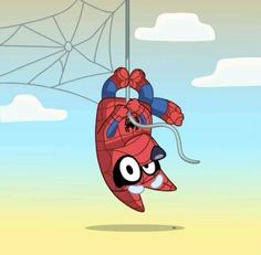 an animated character is hanging from a spider web in front of a blue sky with clouds