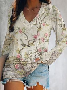 Vintage Bird Flower Print V-neck Long Sleeve Top Spring Printed V-neck Tops, Spring V-neck Printed Tops, Spring Floral Print V-neck Tops, Floral Print V-neck Top For Spring, V-neck Floral Print Tops For Spring, T Shirt Picture, Vintage Bird, Casual T Shirt, Halloween Women