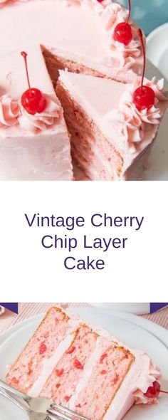 a cake with pink icing and cherries on top is sitting on a plate