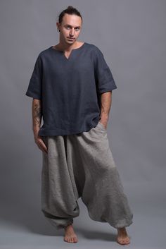 Harem Pants NOAH | Shantima Mens Linen Clothing, Linen Clothes For Men, Linen Menswear, Viking Clothes, Mens Linen Outfits, Medieval Shirt, Striped Harem Pants, Long Linen Skirt, Loose Clothes