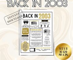 the back in 2003 poster is shown with gold foil and black ink on white paper